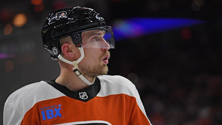 Nov 11, 2024; Philadelphia, Pennsylvania, USA; Philadelphia Flyers defenseman Rasmus Ristolainen (55) against the San Jose Sharks at Wells Fargo Center. Mandatory Credit: Eric Hartline-Imagn Images