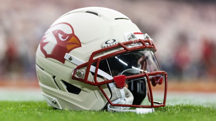 Sep 25, 2025; Glendale, Arizona, USA; Detailed view of the Built to Last alternate rivalries edition helmets of the Arizona Cardinals at State Farm Stadium. Mandatory Credit: Mark J. Rebilas-Imagn Images