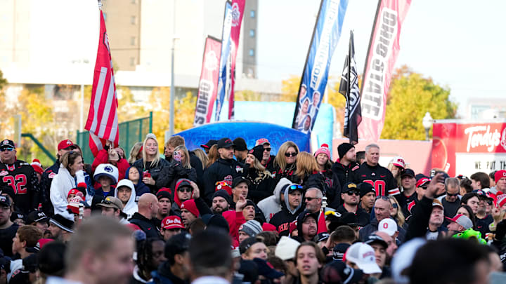 Fans wait for Big Noon Kickoff before the college football game against the Penn State Nittany Lions at Ohio Stadium on Saturday, Nov. 1, 2025 in Columbus, Ohio.