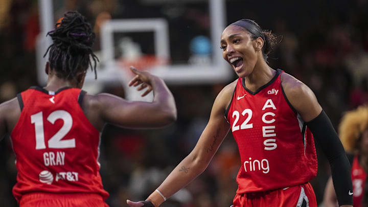 Aug 27, 2025; College Park, Georgia, USA; Las Vegas Aces players react during the game against the Atlanta Dream during the second half at Gateway Center Arena at College Park. Mandatory Credit: Dale Zanine-Imagn Images