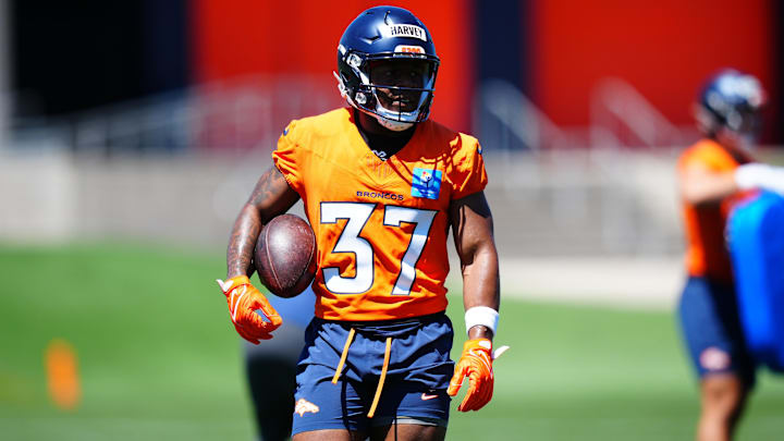 May 10, 2025; Englewood, CO, USA; Denver Broncos running back RJ Harvey (37) during rookie minicamp at Broncos Park Powered by CommonSpirit. 