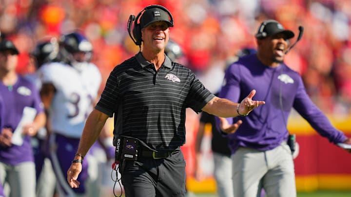 Sep 28, 2025; Kansas City, Missouri, USA; Baltimore Ravens Head Coach John Harbaugh reacts during the first half against the Kansas City Chiefs at GEHA Field at Arrowhead Stadium. Mandatory Credit: Jay Biggerstaff-Imagn Images