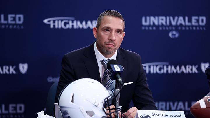 Dec 8, 2025; University Park, PA, USA; Matt Campbell answers questions from the media after being announced as the Penn State Nittany Lions new head coach during a press conference at the Beaver Stadium Press Room. Mandatory Credit: Matthew O'Haren-Imagn Images