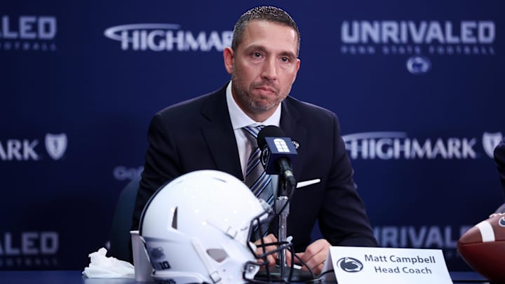 Dec 8, 2025; University Park, PA, USA; Matt Campbell answers questions from the media after being announced as the Penn State Nittany Lions new head coach during a press conference at the Beaver Stadium Press Room. Mandatory Credit: Matthew O'Haren-Imagn Images