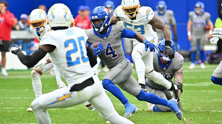 Sep 27, 2026; Orchard Park, New York, USA;  Buffalo Bills running back James Cook III (4) carries the ball in the second half against the Los Angeles Chargers