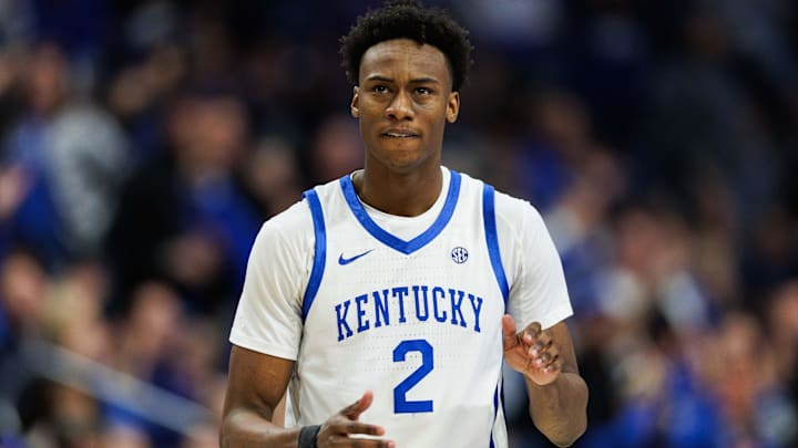 Feb 8, 2025; Lexington, Kentucky, USA; Kentucky Wildcats guard Jaxson Robinson (2) claps during the first half against the South Carolina Gamecocks at Rupp Arena at Central Bank Center. Mandatory Credit: Jordan Prather-Imagn Images