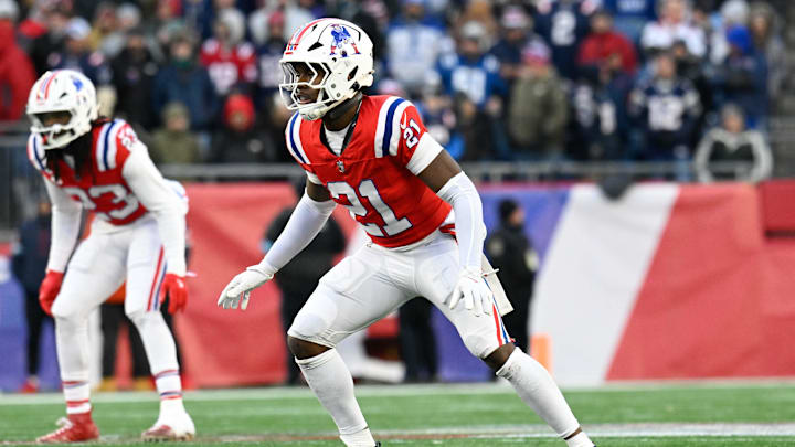 Dec 1, 2024; Foxborough, Massachusetts, USA; New England Patriots safety Jaylinn Hawkins (21) in game action against the Indianapolis Colts during the second half at Gillette Stadium. Mandatory Credit: Eric Canha-Imagn Images