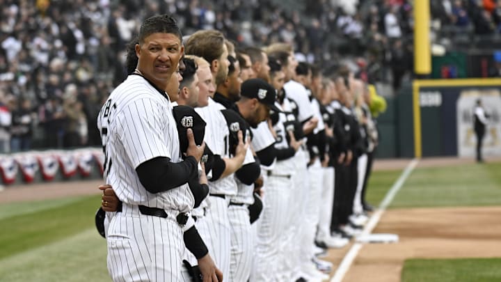 Mar 27, 2025; Chicago, Illinois, USA;  Chicago White Sox manager Will Venable (1) as the team is introduced during Opening Day against the Los Angeles Angels at Guaranteed Rate Field. Mandatory Credit: Matt Marton-Imagn Images