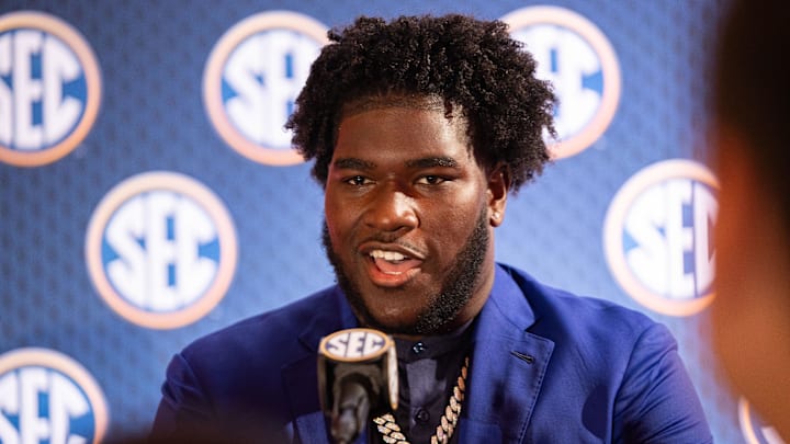 Jul 17, 2024; Dallas, TX, USA; Alabama offensive lineman Tyler Booker speaking at Omni Dallas Hotel. Mandatory Credit: Brett Patzke-USA TODAY Sports