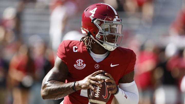 Oct 26, 2024; Tuscaloosa, Alabama, USA;  Alabama Crimson Tide quarterback Jalen Milroe (4) warms up at Bryant-Denny Stadium. Mandatory Credit: Butch Dill-Imagn Images