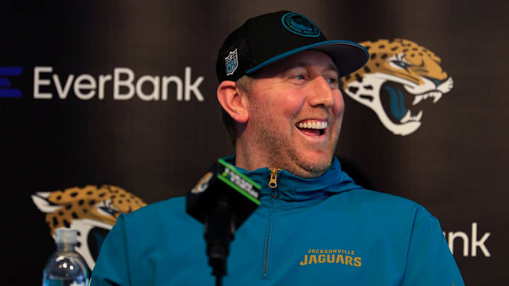 Jacksonville Jaguars head coach Liam Coen laughs during a press conference at Miller Electric Center Tuesday, April 15, 2025 in Jacksonville, Fla. [Corey Perrine/Florida Times-Union]