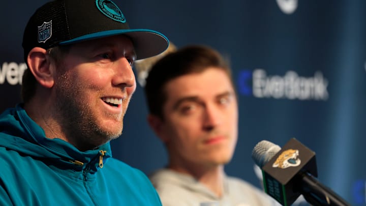 Jacksonville Jaguars head coach Liam Coen, left, speaks next to general manager James Gladstone during a press conference at Miller Electric Center Tuesday, April 15, 2025 in Jacksonville, Fla. 