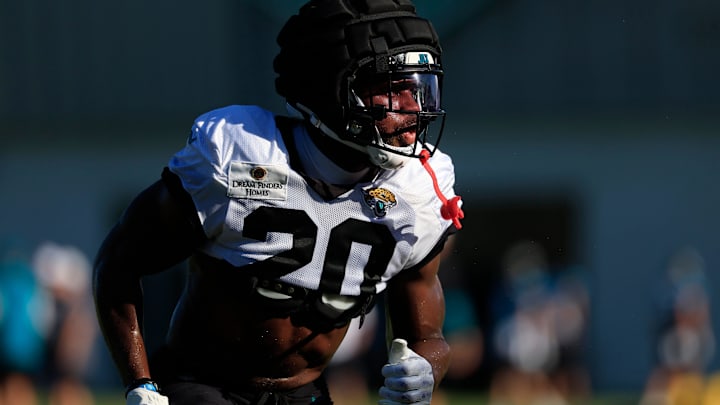 Jacksonville Jaguars safety Daniel Thomas (20) runs during an NFL training camp session at the Miller Electric Center, Wednesday, Aug. 6, 2025, in Jacksonville, Fla. [Corey Perrine/Florida Times-Union]