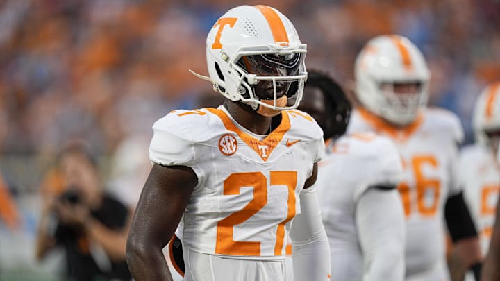 Sep 7, 2024; Charlotte, North Carolina, USA; Tennessee Volunteers defensive lineman James Pearce Jr. (27) during pregame activities against the North Carolina State Wolfpack at the Dukes Mayo Classic at Bank of America Stadium. Mandatory Credit: Jim Dedmon-Imagn Images