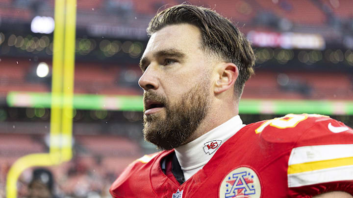 Dec 15, 2024; Cleveland, Ohio, USA; Kansas City Chiefs tight end Travis Kelce (87) walks to the locker room following a game against the Cleveland Browns at Huntington Bank Field. Mandatory Credit: Scott Galvin-Imagn Images