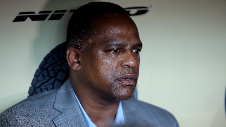 Jul 31, 2024; Houston, Texas, USA; Houston Astros general manager Dana Brown addresses the media in the dugout prior to a game against the Pittsburgh Pirates at Minute Maid Park