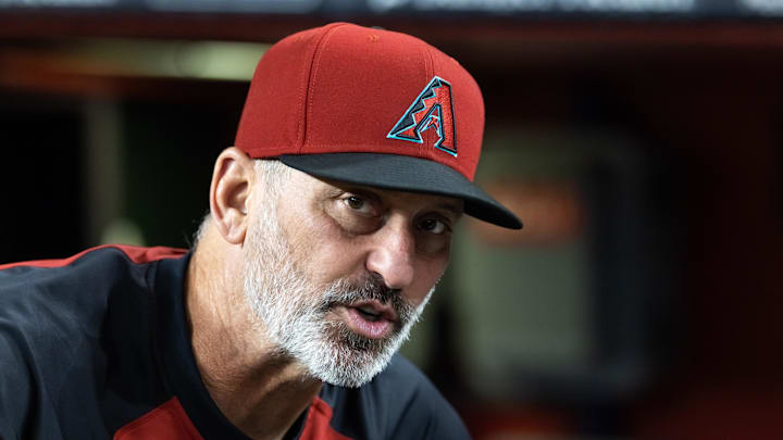 Aug 19, 2025; Phoenix, Arizona, USA; Arizona Diamondbacks manager Torey Lovullo against the Cleveland Guardians at Chase Field. Mandatory Credit: Mark J. Rebilas-Imagn Images