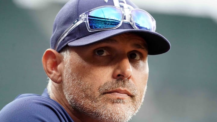 Sep 25, 2025; Baltimore, Maryland, USA; Tampa Bay Rays manager Kevin Cash (16) watches the game in the first inning against the Baltimore Orioles at Oriole Park at Camden Yards. 