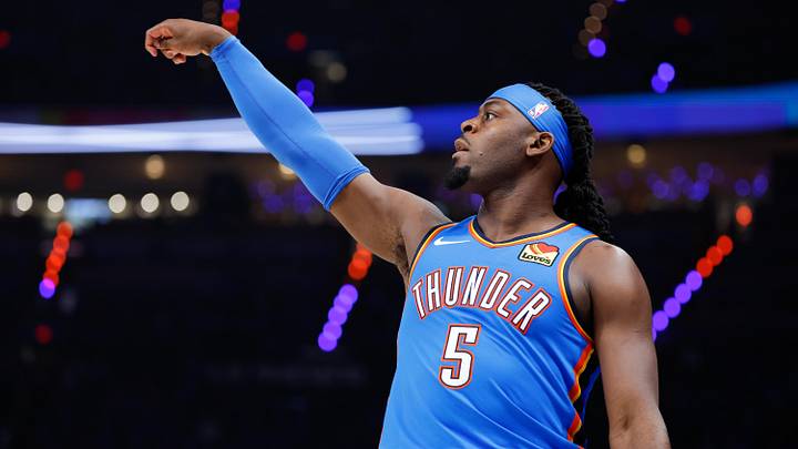 May 18, 2026; Oklahoma City, Oklahoma, USA; Oklahoma City Thunder forward Luguentz Dort (5) shoots in the third quarter against the San Antonio Spurs during game one of the western conference finals for the 2026 NBA playoffs at Paycom Center. Mandatory Credit: Alonzo Adams-Imagn Images May 18, 2026; Oklahoma City, Oklahoma, USA; Oklahoma City Thunder forward Luguentz Dort (5) shoots in the third quarter against the San Antonio Spurs during game one of the western conference finals for the 2026 NBA playoffs at Paycom Center. Mandatory Credit: Alonzo Adams-Imagn Images