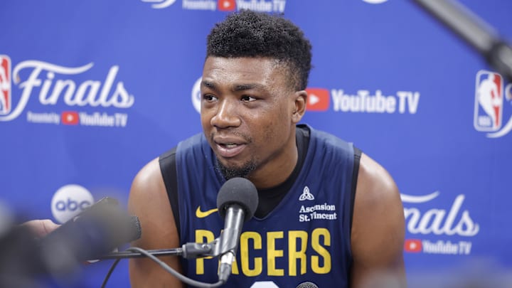 Jun 4, 2025; Oklahoma City, OK, USA; Indiana Pacers center Thomas Bryant (3) during NBA Finals Media Day at Paycom Center. Mandatory Credit: Alonzo Adams-Imagn Images