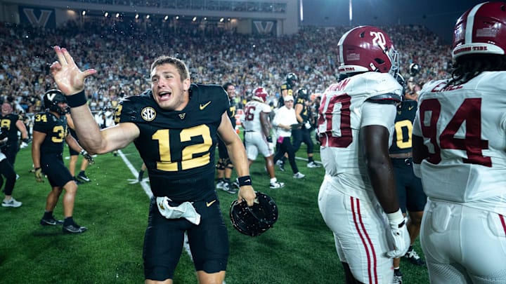 Vanderbilt Commodores linebacker Jeffrey Ugochukwu (12) celebrates after knocking off the Alabama Crimson Tide 40-35 at Vanderbilt Stadium in Nashville, Tenn., Saturday, Oct. 5, 2024. Vanderbilt Commodores linebacker Jeffrey Ugochukwu (12) celebrates after knocking off the Alabama Crimson Tide 40-35 at Vanderbilt Stadium in Nashville, Tenn., Saturday, Oct. 5, 2024.