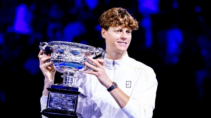 Jannik Sinner of italy raises the Norman Brookes Challenge Cup after winning the Men s Singles Final of the 2025 Australian Open on January 26 2025, at Melbourne Park in Melbourne, Australia. 
