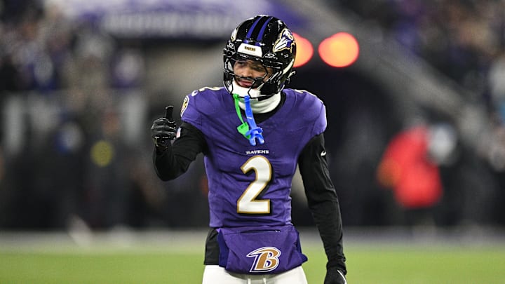 Jan 11, 2025; Baltimore, Maryland, USA; Baltimore Ravens cornerback Nate Wiggins (2) reacts in the first quarter against the Pittsburgh Steelers in an AFC wild card game at M&T Bank Stadium. Mandatory Credit: Tommy Gilligan-Imagn Images