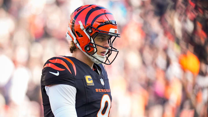 Cincinnati Bengals quarterback Joe Burrow (9) returns to the sideline after a fumbled ball is returned for a touchdown in the second quarter of the NFL Week 18 game between the Cincinnati Bengals and the Cleveland Browns at Paycor Stadium in Downtown Cincinnati on Sunday, Jan. 4, 2026.