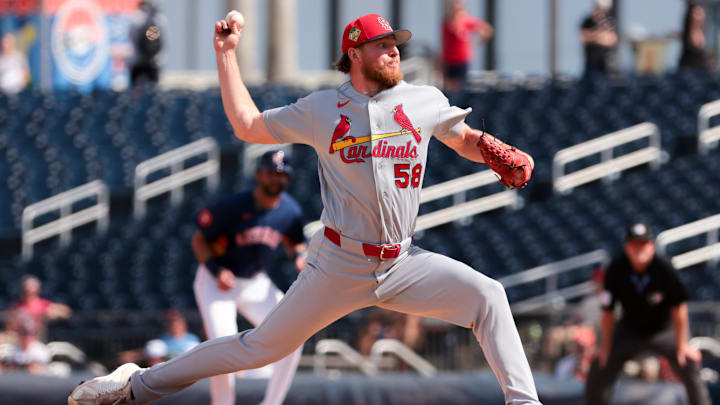 Feb 22, 2026; West Palm Beach, Florida, USA; St. Louis Cardinals relief pitcher Chris Roycroft (58) delivers a pitch against the Houston Astros during the third inning at CACTI Park of the Palm Beaches. Mandatory Credit: Sam Navarro-Imagn Images