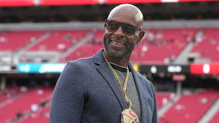 Sep 28, 2025; Santa Clara, California, USA; San Francisco 49ers former wide receiver Jerry Rice before the game against the Jacksonville Jaguars at Levi's Stadium. Mandatory Credit: Darren Yamashita-Imagn Images Sep 28, 2025; Santa Clara, California, USA; San Francisco 49ers former wide receiver Jerry Rice before the game against the Jacksonville Jaguars at Levi's Stadium. Mandatory Credit: Darren Yamashita-Imagn Images