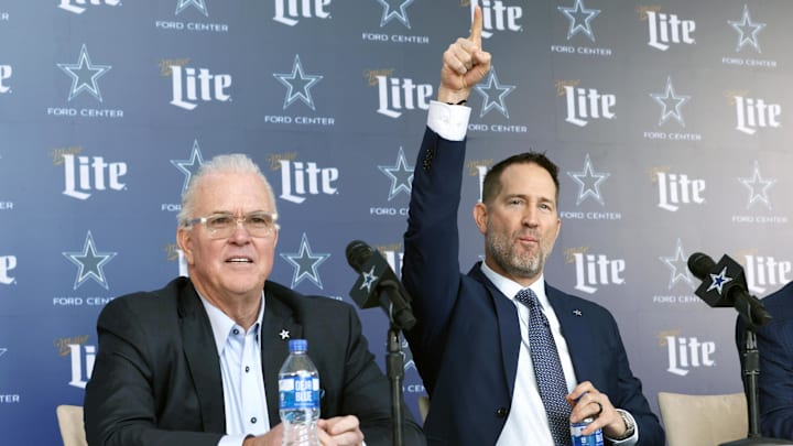 Dallas Cowboys CEO Stephen Jones and head coach Brian Schottenheimer speak to the media at a press conference at the Star. 