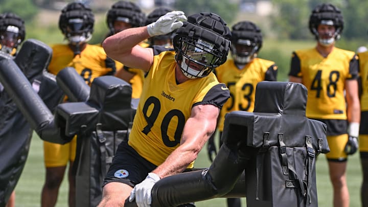 Jul 27, 2024; Latrobe, PA, USA; Pittsburgh Steelers linebacker T.J. Watt (90) participates in drills during training camp at Saint Vincent College. Mandatory Credit: Barry Reeger-USA TODAY Sports