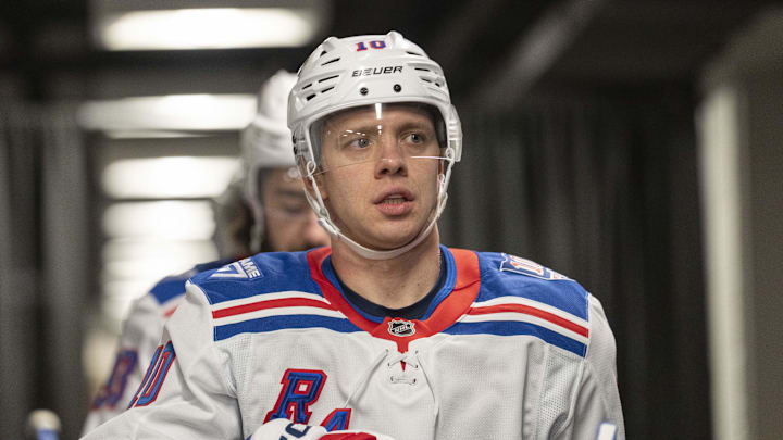 Jan 23, 2026; San Jose, California, USA;  New York Rangers left wing Artemi Panarin (10) before the start of warm ups against the San Jose Sharks at SAP Center at San Jose. Mandatory Credit: Stan Szeto-Imagn Images