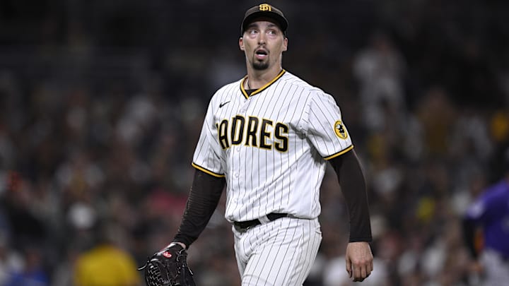 Sep 19, 2023; San Diego, California, USA; San Diego Padres starting pitcher Blake Snell (4) reacts