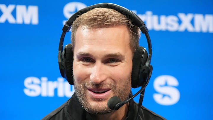 Feb 6, 2026; San Francisco, CA, USA; Kirk Cousins on the Opening Drive show at the SiriusXM NFL radio set at the Super Bowl LX media center at the Moscone Center. Mandatory Credit: Kirby Lee-Imagn Images