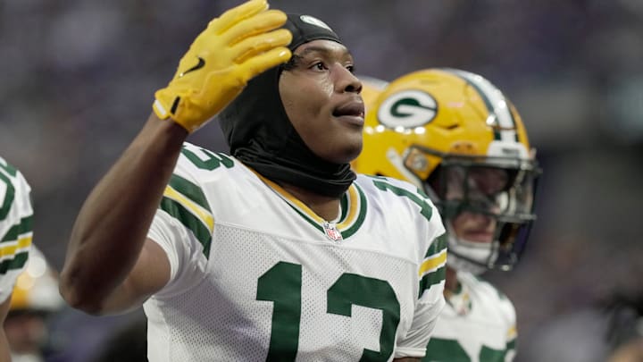 Green Bay Packers wide receiver Dontayvion Wicks (13) is shown before their game Sunday, December 29, 2024 at U.S. Bank Stadium in Minneapolis, Minnesota. The Minnesota Vikings beat the Green Bay Packers 27-25.