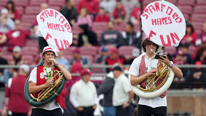 Nov 5, 2022; Stanford, California, USA; Stanford Cardinal marching band tuba players display a message on their instruments before the game against the Washington State Cougars at Stanford Stadium. Nov 5, 2022; Stanford, California, USA; Stanford Cardinal marching band tuba players display a message on their instruments before the game against the Washington State Cougars at Stanford Stadium.