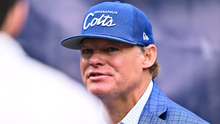 Sep 17, 2023; Houston, Texas, USA; Indianapolis Colts general manager Chris Ballard speaks with fans on the sideline prior to the game against the Houston Texans at NRG Stadium. Mandatory Credit: Maria Lysaker-Imagn Images