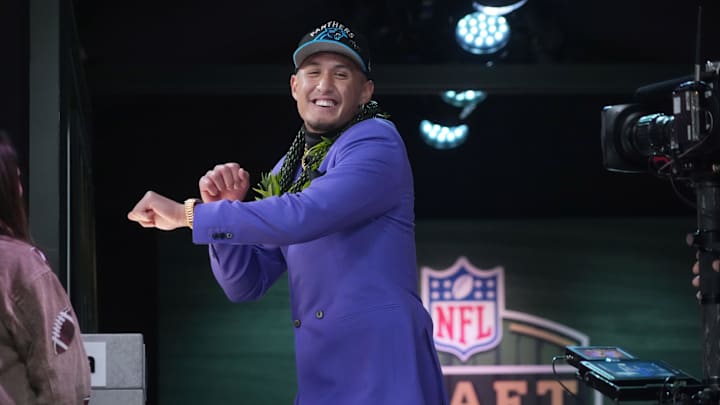 Apr 24, 2025; Green Bay, WI, USA; Arizona Wildcats wide receiver Tetairoa McMillan is selected by the Carolina Panthers as the number eight pick  in the first round of the 2025 NFL Draft at Lambeau Field. Mandatory Credit: Kirby Lee-Imagn Images