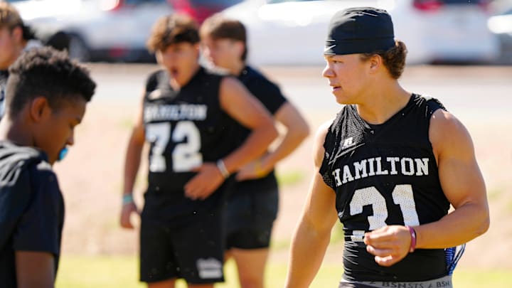 Hamilton safety Niko Jandreau (31) during practice at Hamilton High School. Hamilton safety Niko Jandreau (31) during practice at Hamilton High School.
