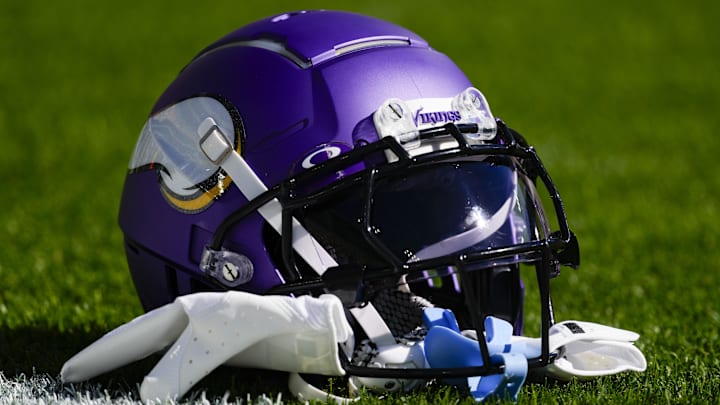 Sep 29, 2024; Green Bay, Wisconsin, USA;  General view of a Minnesota Vikings helmet during warmups prior to the game against the Green Bay Packers at Lambeau Field.