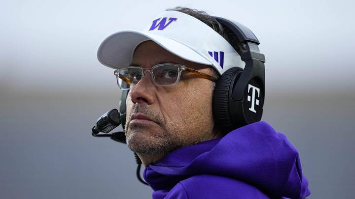 Nov 8, 2025; Madison, Wisconsin, USA;  Washington Huskies head coach Jedd Fisch looks on during the first quarter against the Wisconsin Badgers at Camp Randall Stadium.
