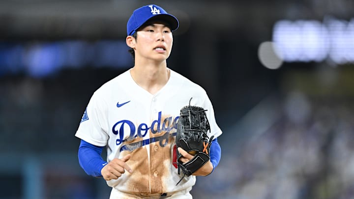 Apr 24, 2026; Los Angeles, California, USA; Los Angeles Dodgers second baseman Hyeseong Kim (6) looks on during the fifth inning against the Chicago Cubs at Dodger Stadium. Mandatory Credit: William Liang-Imagn Images