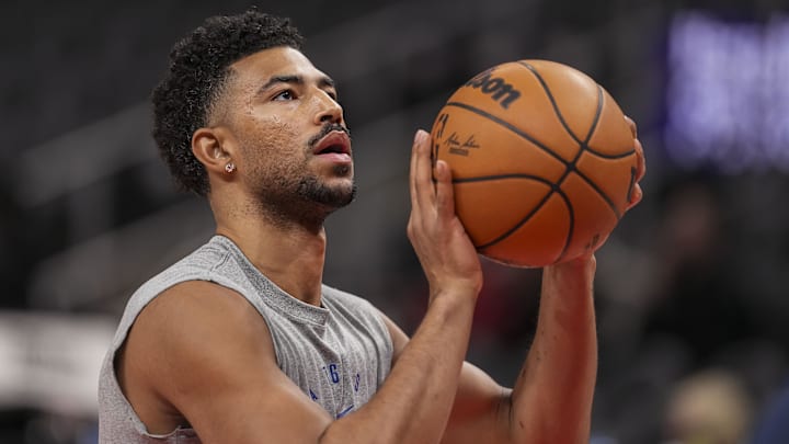 Mar 10, 2025; Atlanta, Georgia, USA; Philadelphia 76ers guard Quentin Grimes (5) on the court prior to the game against the Atlanta Hawks at State Farm Arena. Mandatory Credit: Dale Zanine-Imagn Images
