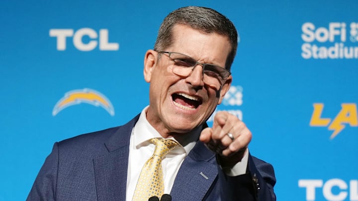 Feb 1, 2024; Inglewood, CA, USA; Los Angeles Chargers coach Jim Harbaugh speaks at an introductory