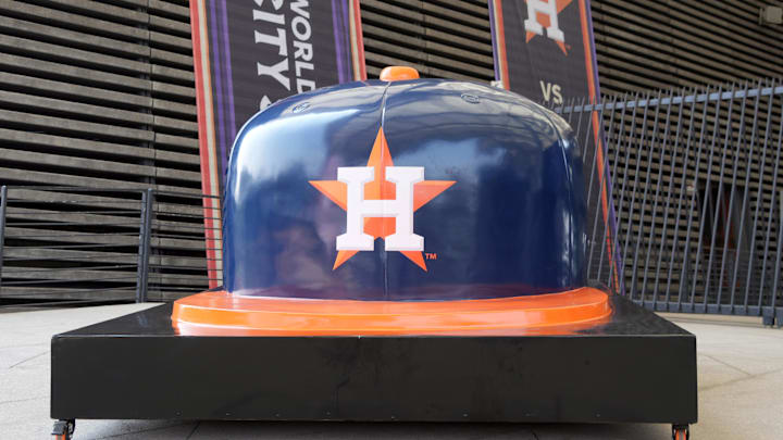 Apr 27, 2024; Mexico City, Mexico; A large Houston Astros helmet at the MLB World Tour Mexico Series game at Estadio Alfredo Harp Helu. Mandatory Credit: Kirby Lee-Imagn Images
