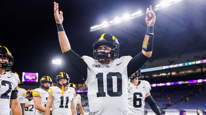 Oct 9, 2026; Seattle, Washington, USA; Iowa Hawkeyes quarterback Jeremy Hecklinski (10) celebrates following a victory against the Washington Huskies at Husky Stadium. Mandatory Credit: Joe Nicholson-Imagn Images