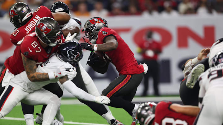 Sep 15, 2025; Houston, Texas, USA; Tampa Bay Buccaneers running back Bucky Irving (7) rushes during the third quarter against the Houston Texans at NRG Stadium. Sep 15, 2025; Houston, Texas, USA; Tampa Bay Buccaneers running back Bucky Irving (7) rushes during the third quarter against the Houston Texans at NRG Stadium.