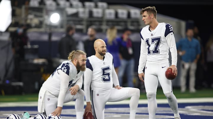 Dallas Cowboys long snapper Trent Sieg, punter Bryan Anger, and kicker Brandon Aubrey before a game against the Cincinnati Bengals.