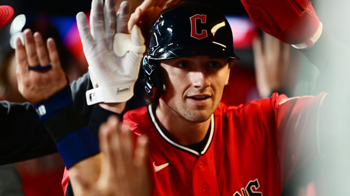 Apr 21, 2026: Cleveland Guardians designated hitter Chase DeLauter (24) celebrates after hitting a three-run triple during the eighth inning against the Houston Astros at Progressive Field. 